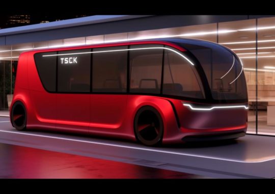 Autobuses autónomos de Tesla, alimentados por Karma Otomatik, en un estilo retro-futurista cyberpunk, con formas aerodinámicas juguetonas, iluminación realista y textura gruesa, en tonos de rojo claro y negro claro, en un entorno urbano iluminado por neón.