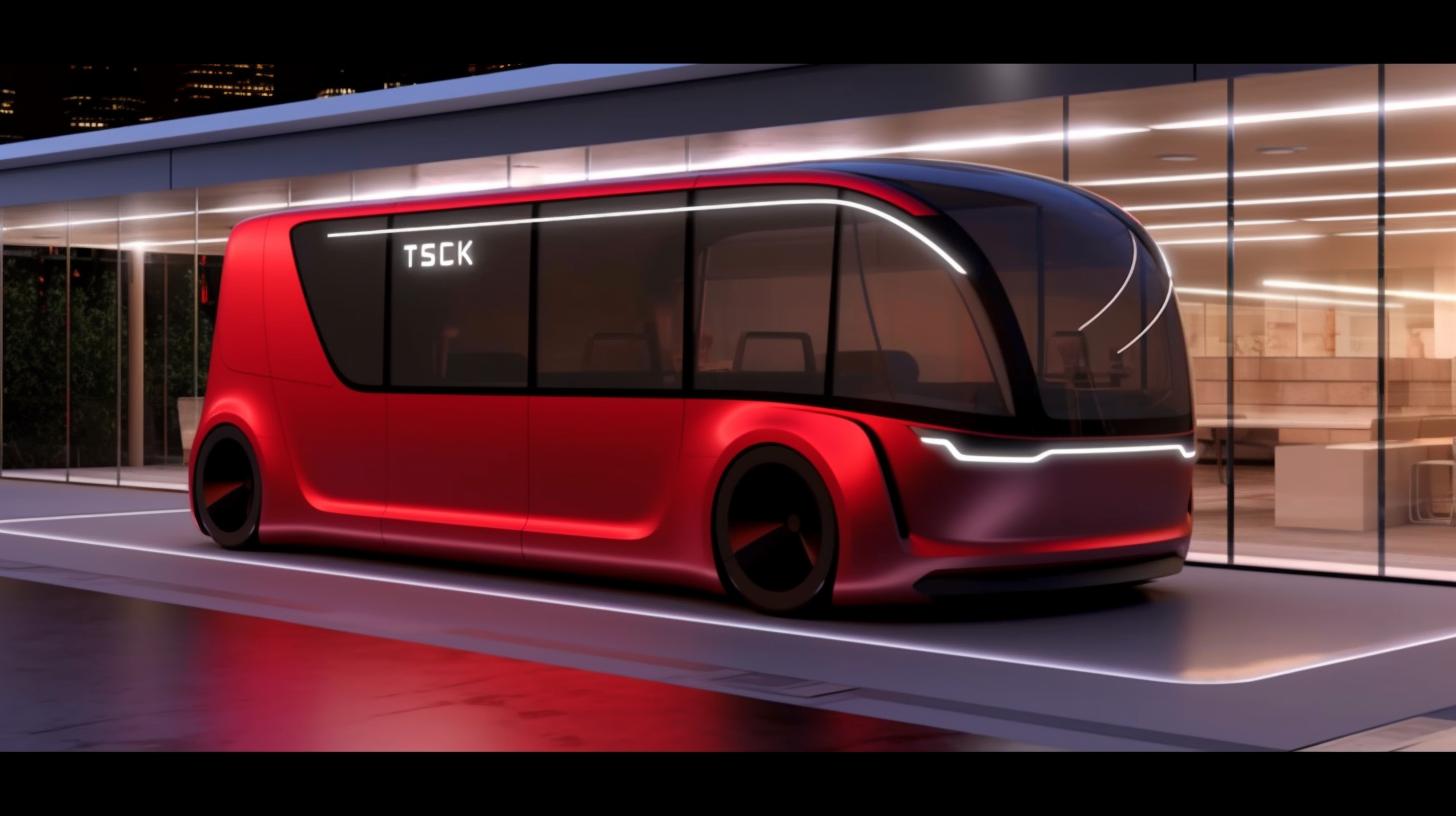 Autobuses autónomos de Tesla, alimentados por Karma Otomatik, en un estilo retro-futurista cyberpunk, con formas aerodinámicas juguetonas, iluminación realista y textura gruesa, en tonos de rojo claro y negro claro, en un entorno urbano iluminado por neón.