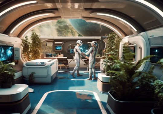 "Interior de una nave espacial futurista llena de plantas, con un estilo realista que refleja la vida cotidiana, evocando conexiones humanas y temas médicos, en tonos de azul verdoso y blanco."