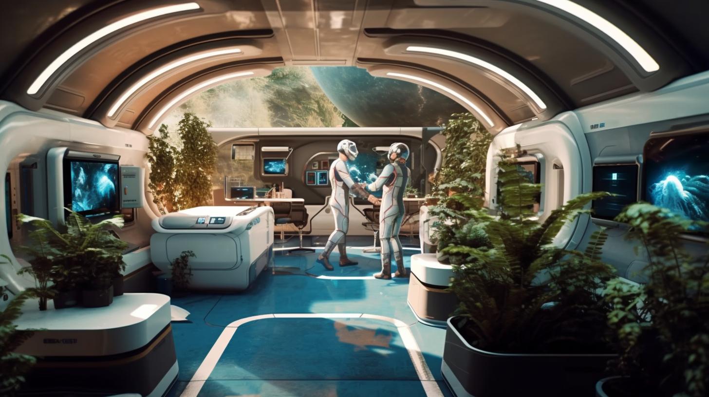 "Interior de una nave espacial futurista llena de plantas, con un estilo realista que refleja la vida cotidiana, evocando conexiones humanas y temas médicos, en tonos de azul verdoso y blanco."