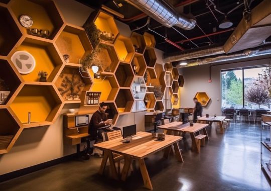 Cajas de abejas y panales de miel inspirados en panales, ubicados en un espacio de coworking, con un estilo de paneles de chapa superpuestos, tonos tierra y una iluminación suave y precisa.