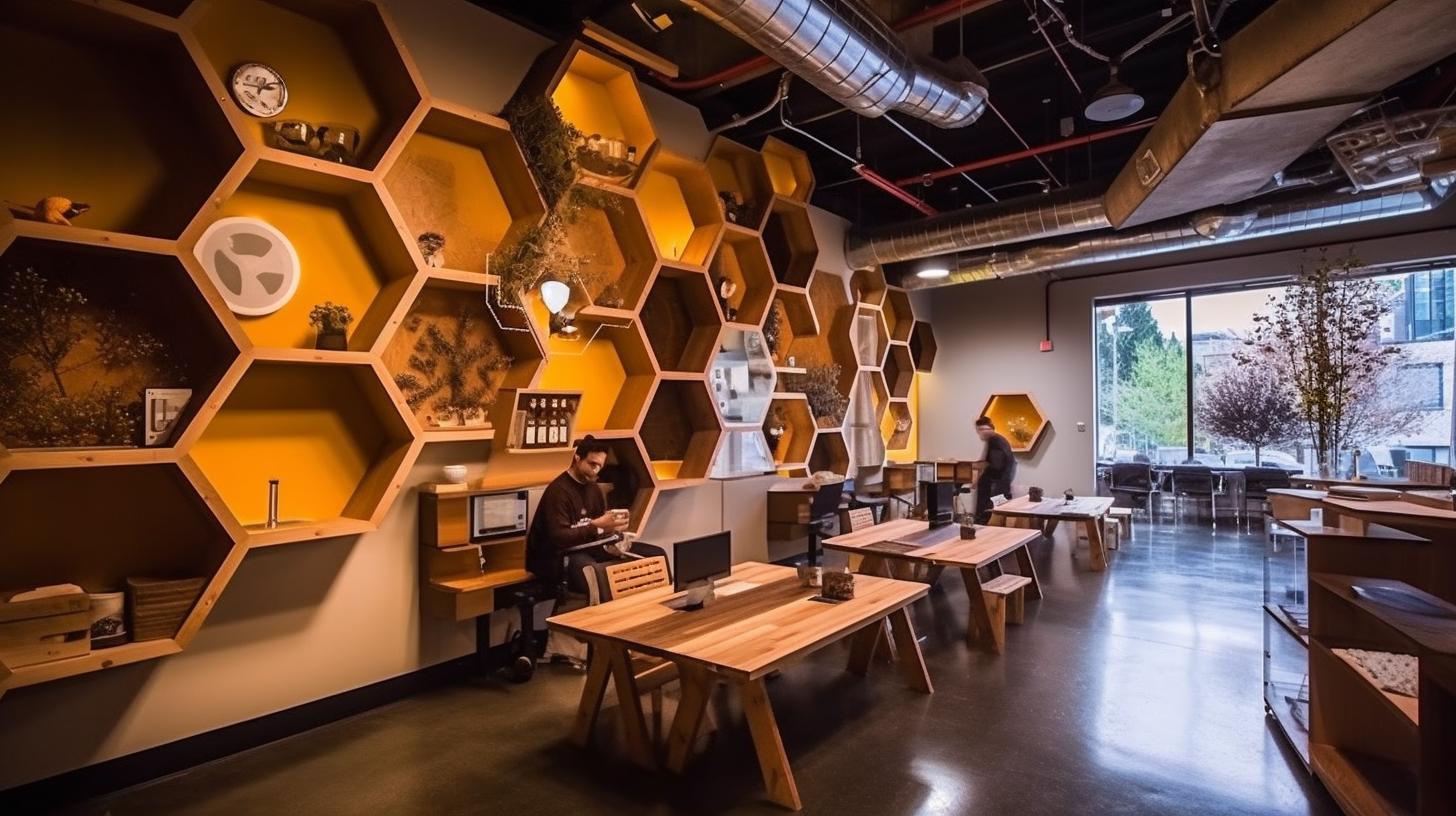 Cajas de abejas y panales de miel inspirados en panales, ubicados en un espacio de coworking, con un estilo de paneles de chapa superpuestos, tonos tierra y una iluminación suave y precisa.