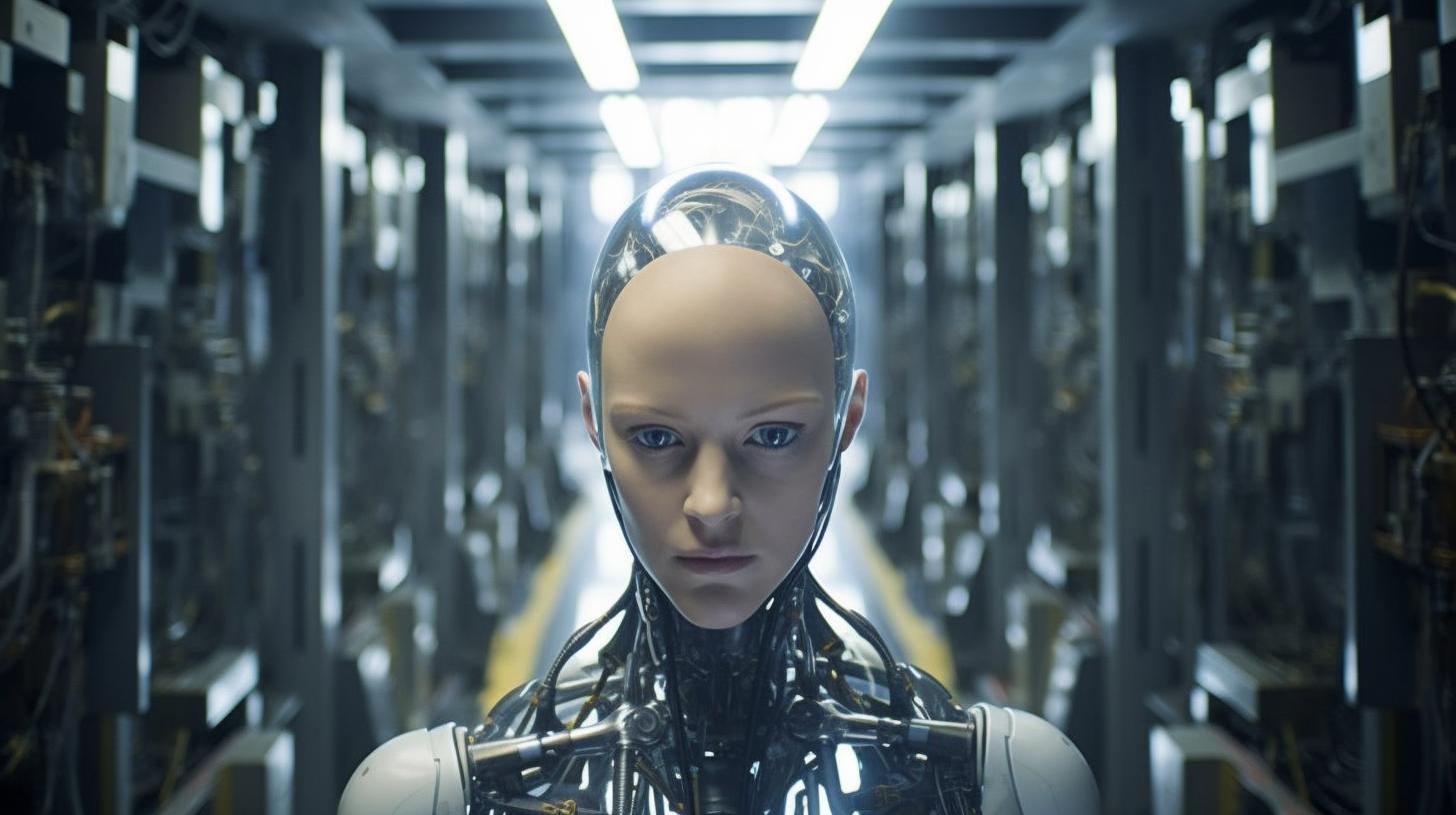 Una mujer androide en un pasillo, representada con un estilo neo-académico en ultra alta definición.