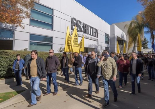 Empleados de Enron en un mitin en San José, California, con una estética de maquinaria industrial en tonos amarillos claros y marrones oscuros, evocando el estilo de Sean Scully y Charles Sheeler.