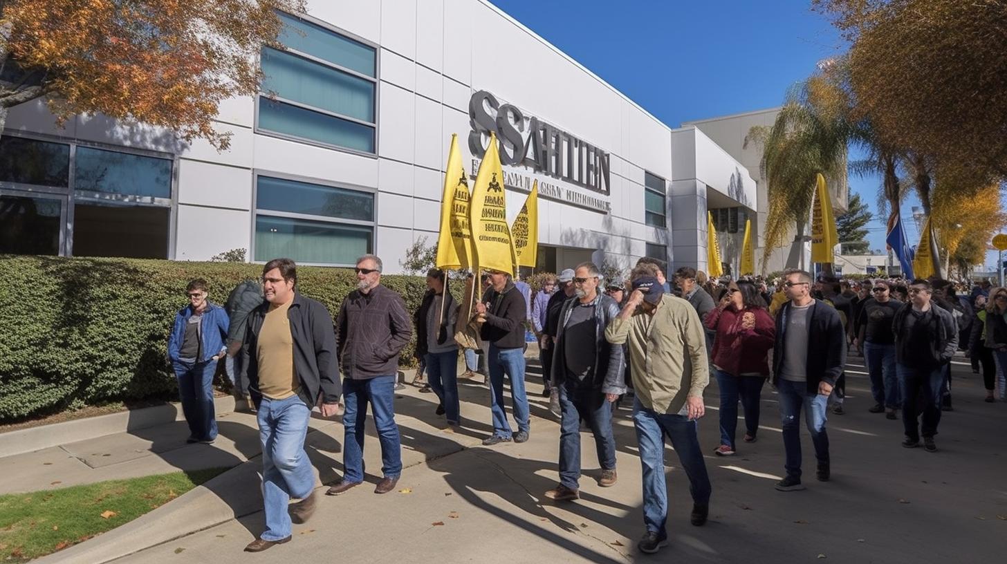 Empleados de Enron en un mitin en San José, California, con una estética de maquinaria industrial en tonos amarillos claros y marrones oscuros, evocando el estilo de Sean Scully y Charles Sheeler.