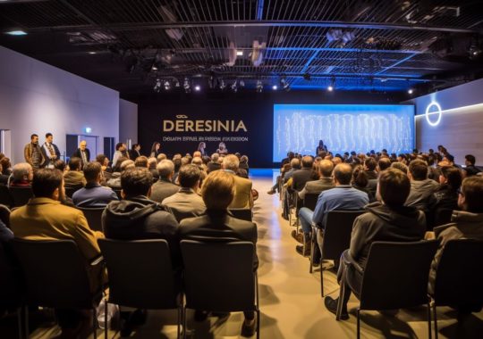 Una multitud de personas en una sala observando presentaciones, con un ambiente onírico y minimalista, evocando la estética de la academia goblin y la sastrería deconstruida.