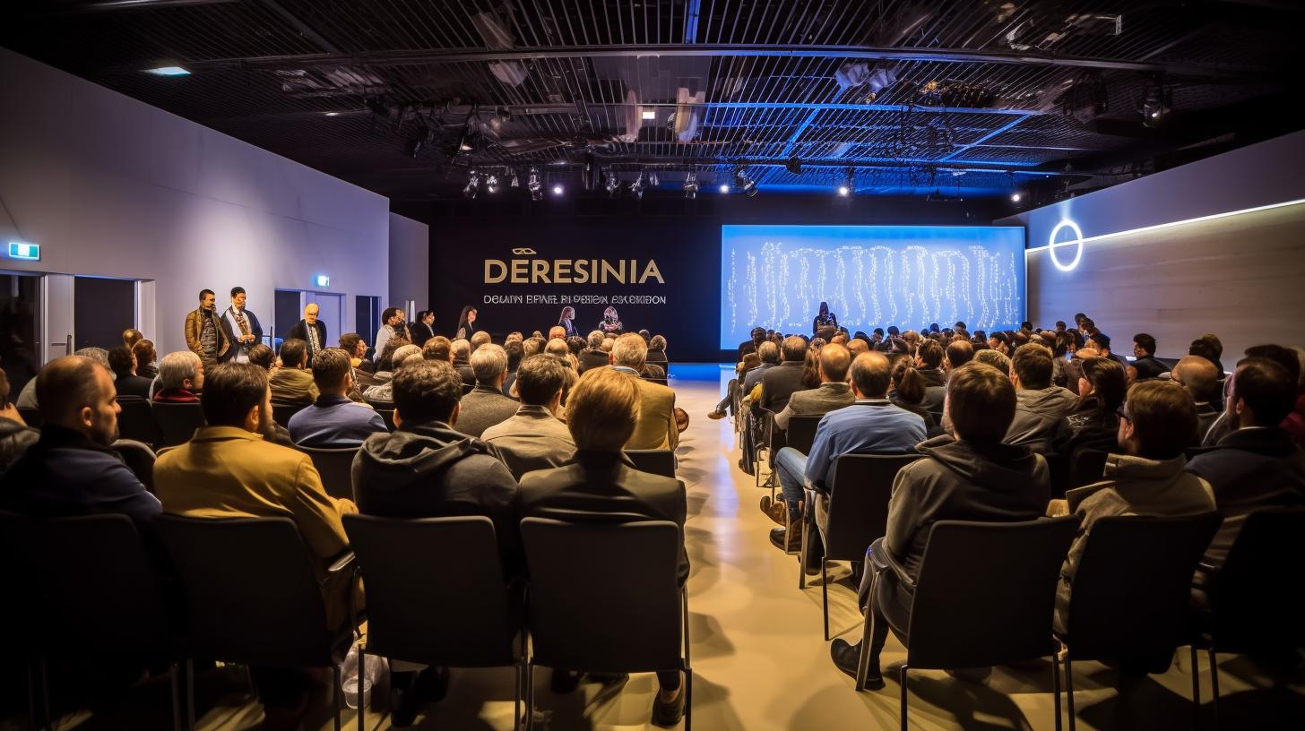 Una multitud de personas en una sala observando presentaciones, con un ambiente onírico y minimalista, evocando la estética de la academia goblin y la sastrería deconstruida.