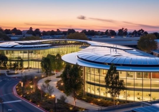 Una vista aérea de un edificio universitario con grandes ventanales, bañado por la luz del atardecer, destacando su diseño limpio y formas circulares, en el estilo característico de la pintura al aire libre de California.