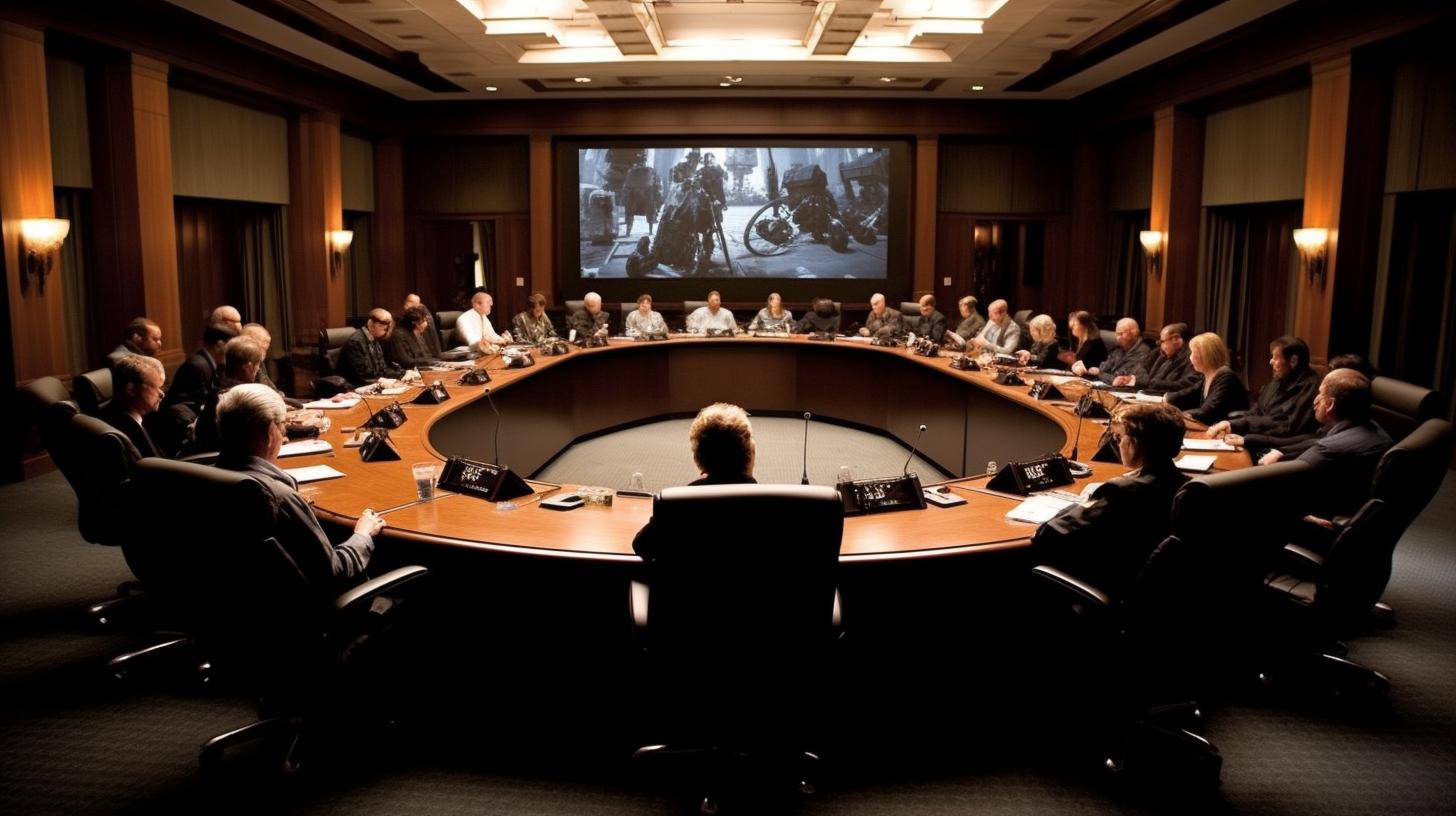 Una mesa de conferencias circular grande en una sala de reuniones, iluminada con precisión y meticulosidad al estilo militar, evocando el estilo visual de Roger Deakins y Bill Viola.