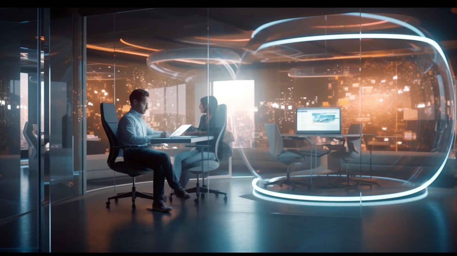 "Personas trabajando cerca de computadoras en una oficina de aspecto futurista, con una iluminación cautivadora y escenas luminosas y oníricas, evocando un ambiente aislado y atmosférico, al estilo hiperrealista de Thomas Cole."