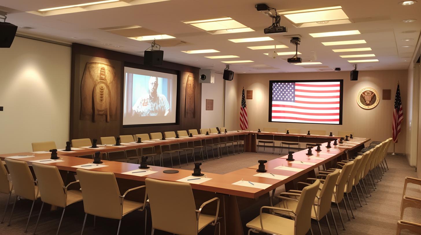 "Una sala de conferencias con una bandera americana en el fondo, presentada en tonos marrones claros y beige, con una disposición simétrica pero asimétrica, evocando técnicas tradicionales y un estilo manapunk en una construcción de hormigón armado."