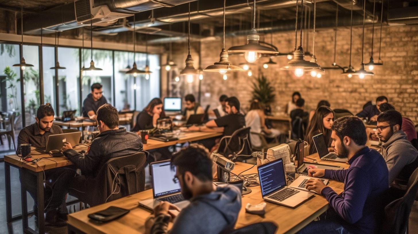 Un grupo de personas trabajando en sus laptops en mesas de madera, bajo una iluminación atmosférica y melancólica, evocando el estilo artístico de Sliman Mansour y elementos de la naturaleza, con un toque de fuego.