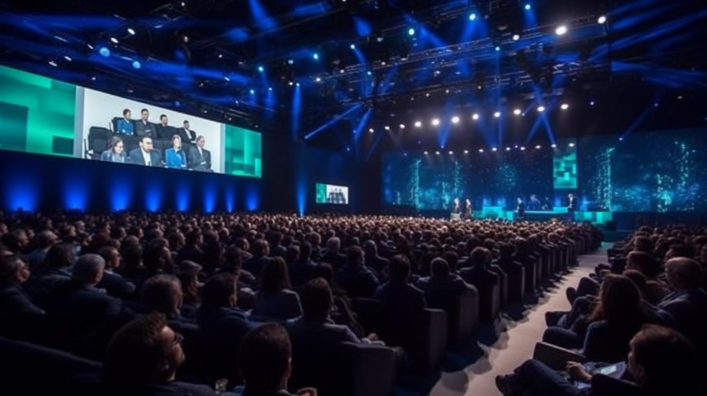 "Una conferencia en un gran recinto con multitudes sentadas cerca del escenario, iluminada con tonos oscuros de azul y esmeralda, mostrando rostros emotivos y una atmósfera dinámica y llena de acción, en un estilo monumental y elegante inspirado por la escuela de Lyon y los Nabis."