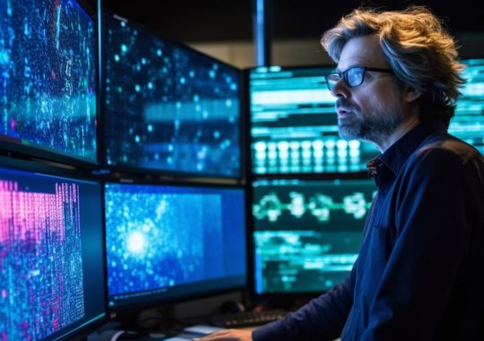 Un hombre con gafas trabajando intensamente en tres monitores, rodeado por una escena nocturna oscura, con un estilo que evoca redes entrelazadas y tonos de azul marino y aguamarina.