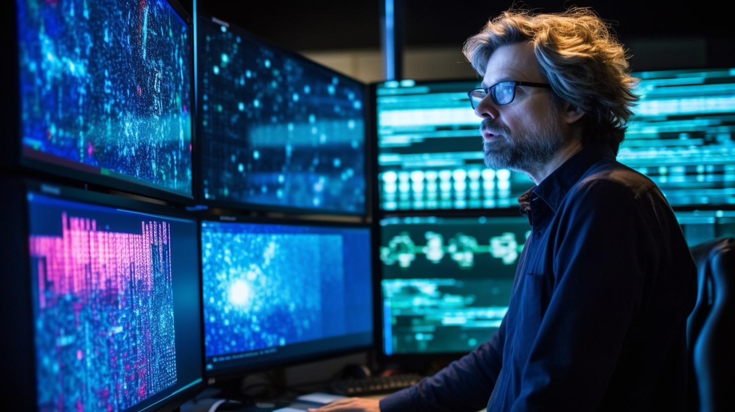 Un hombre con gafas trabajando intensamente en tres monitores, rodeado por una escena nocturna oscura, con un estilo que evoca redes entrelazadas y tonos de azul marino y aguamarina.