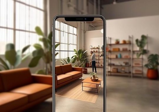 "Una imagen de un iPhone mostrando una aplicación con una habitación en un estilo fotorealista, con objetos sobredimensionados y una gama dinámica alta en tonos de ámbar claro y gris, evocando un ambiente artificial y comercial."