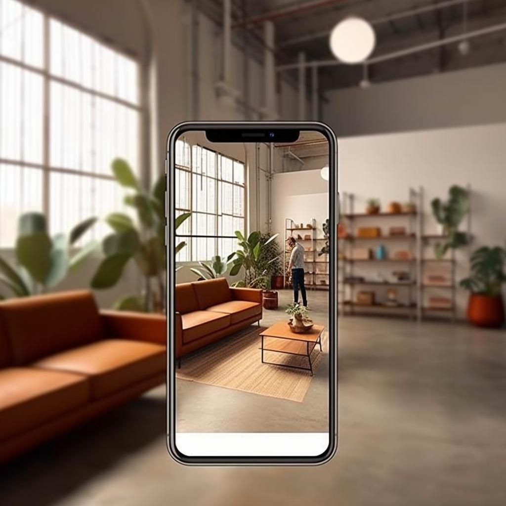 "Una imagen de un iPhone mostrando una aplicación con una habitación en un estilo fotorealista, con objetos sobredimensionados y una gama dinámica alta en tonos de ámbar claro y gris, evocando un ambiente artificial y comercial."