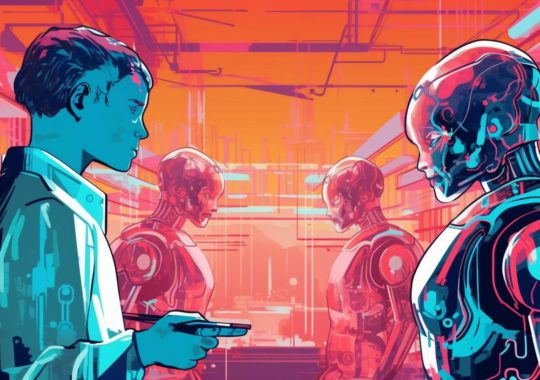 "Escena de computadora que muestra robots y personas interactuando, en un estilo colorista figurativo, con tonos de rojo claro y cian, evocando la estética de la maquinaria industrial y el criptidcore, inspirada en el arte de Sam Guay."