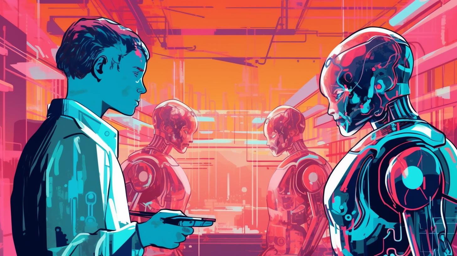 "Escena de computadora que muestra robots y personas interactuando, en un estilo colorista figurativo, con tonos de rojo claro y cian, evocando la estética de la maquinaria industrial y el criptidcore, inspirada en el arte de Sam Guay."