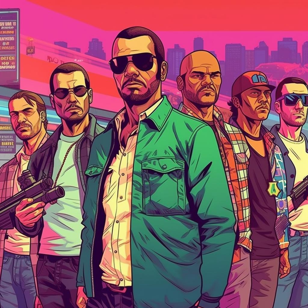 Un grupo de personajes de GTA reunidos, ilustrados al estilo retro de Martin Ansin, bajo un cielo intensamente coloreado y en un enfoque nítido, evocando el carisma y la estética de Toyen.