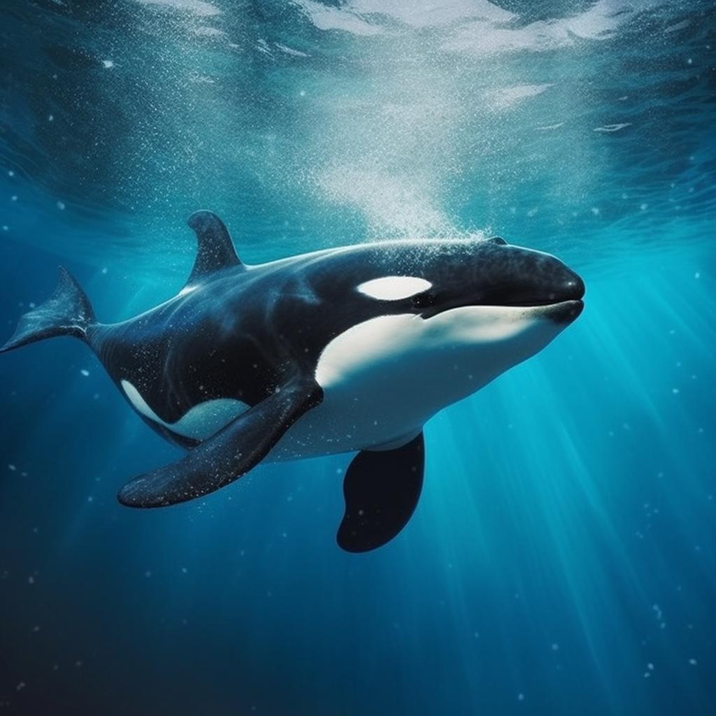 Una ilustración en 3D de una orca en un ambiente marítimo sereno, con un estilo de retrato ambiental y técnicas fotorrealistas.