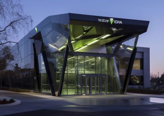 Un edificio de vidrio verde que se eleva majestuosamente en la noche, iluminado en tonos amarillos y negros oscuros, con señalización urbana y detalles arquitectónicos dinámicos, en el estilo del arte de Yaka.