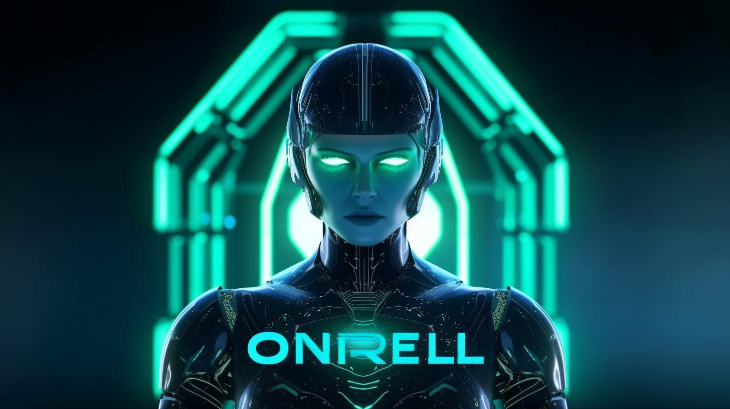 Una mujer vestida con un traje de extraterrestre, rodeada de robots futuristas, en un estilo de arte de póster que juega con la ilusión óptica, predominando el color azul verdoso.