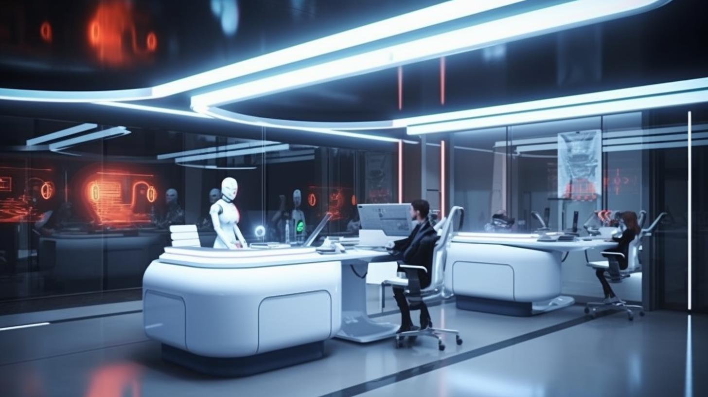 "Un centro de trabajo futurista con personas trabajando en computadoras, rodeadas de robots avanzados, en un ambiente de neo-academismo con colores sutiles y visuales marcados, inspirado en el estilo de Patrick Mchale."