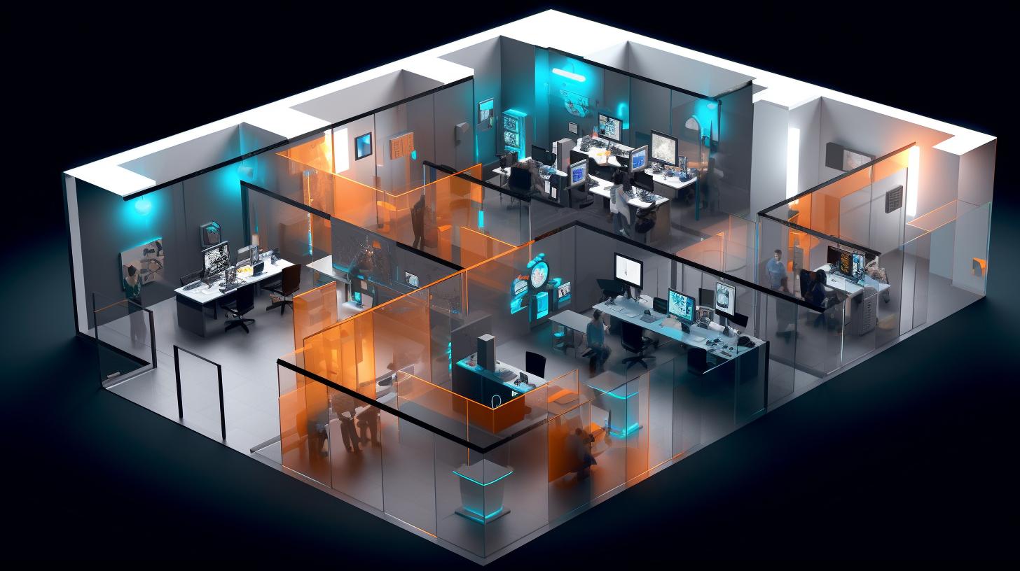 Una oficina moderna y espaciosa con equipo de alta tecnología, iluminada en tonos oscuros de naranja y cian claro, llena de personas trabajando en un ambiente de transparencia y profundidad.