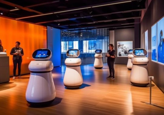 Una reunión de robots en una sala de conferencias, presentada con un estilo interactivo y audaz pero elegante, en tonos azul cielo y ámbar, evocando la sensación de una instalación teatral basada en la ciencia con curvas audaces.