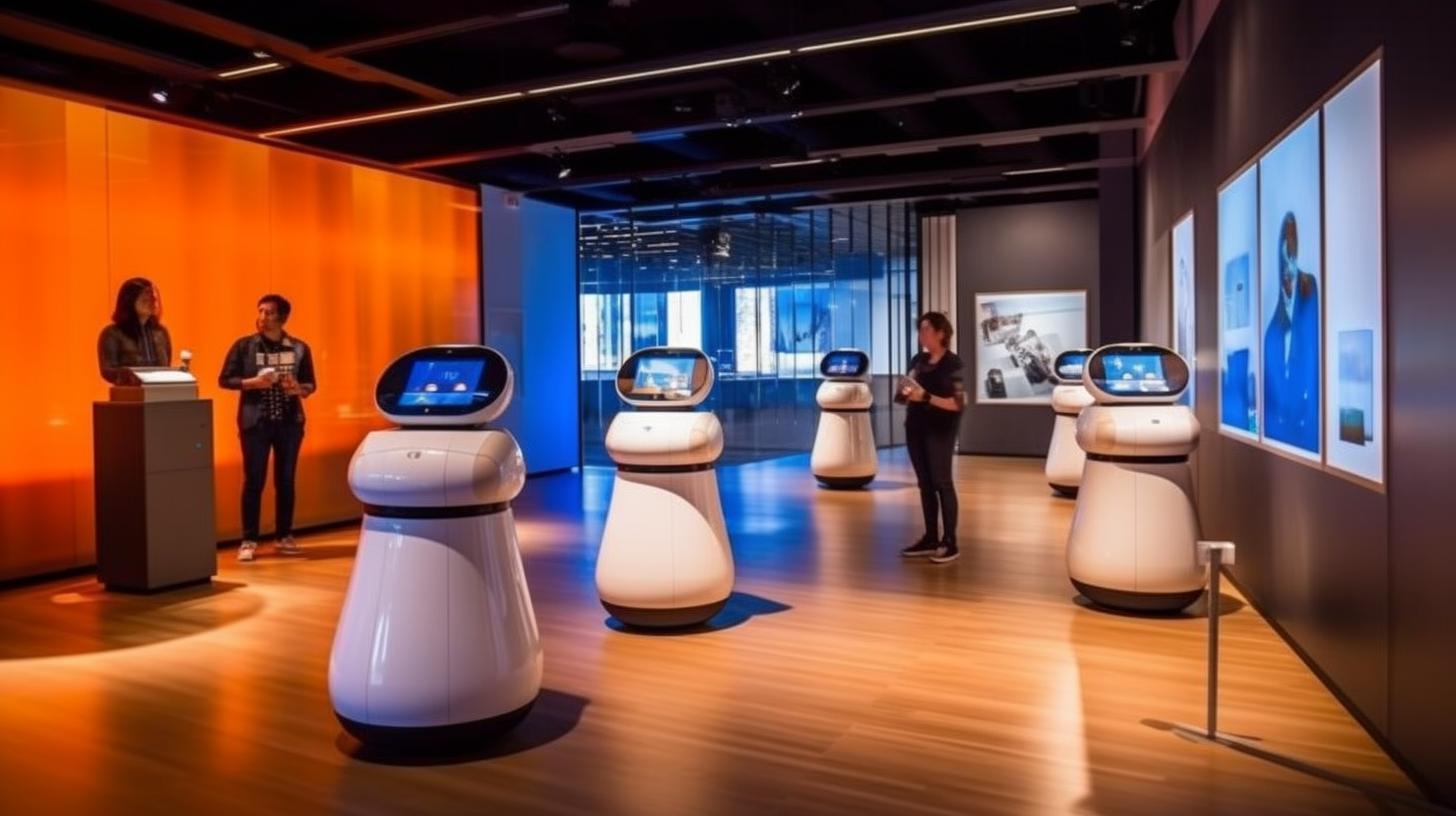 Una reunión de robots en una sala de conferencias, presentada con un estilo interactivo y audaz pero elegante, en tonos azul cielo y ámbar, evocando la sensación de una instalación teatral basada en la ciencia con curvas audaces.