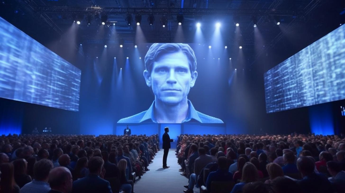 "Un hombre se encuentra frente a una proyección de pantalla grande en un evento, retratado de manera poderosa y emotiva, con tonos marrones claros y azules oscuros, evocando un diseño danés y un estilo acuarela, recreado por Industrial Light and Magic."