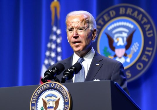 El presidente Biden dando un discurso en un podio, con un estilo de iconografía americana y academia progresista, en tonos de ámbar claro, púrpura, azul marino y esmeralda, con un enfoque nítido y una técnica de enfoque suave que lo hace parecer atractivo.