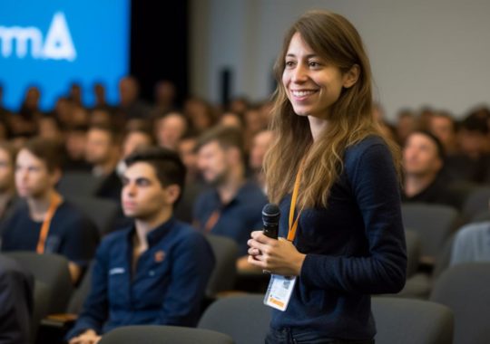 Una mujer sonriente vestida de naranja dando una presentación, en un estilo reminiscente del fotógrafo Alessio Albi, con un ambiente escolar y tonos azul marino predominantes.