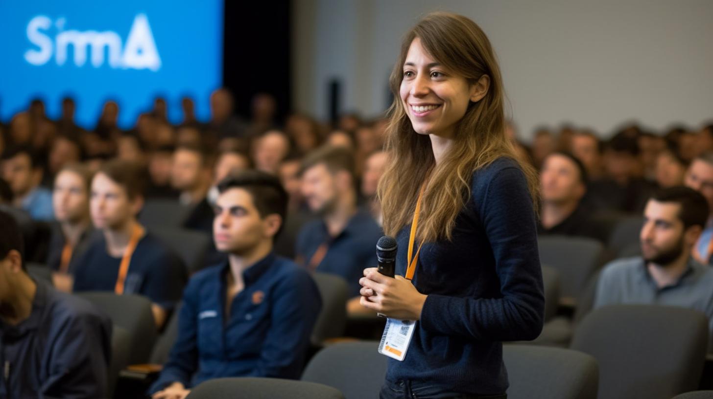 Una mujer sonriente vestida de naranja dando una presentación, en un estilo reminiscente del fotógrafo Alessio Albi, con un ambiente escolar y tonos azul marino predominantes.