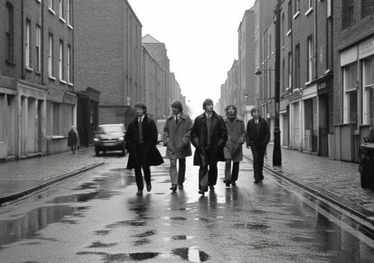 "Los Beatles caminando por una calle de la ciudad bajo una tormenta de lluvia, en un estilo anglocore de alta resolución."