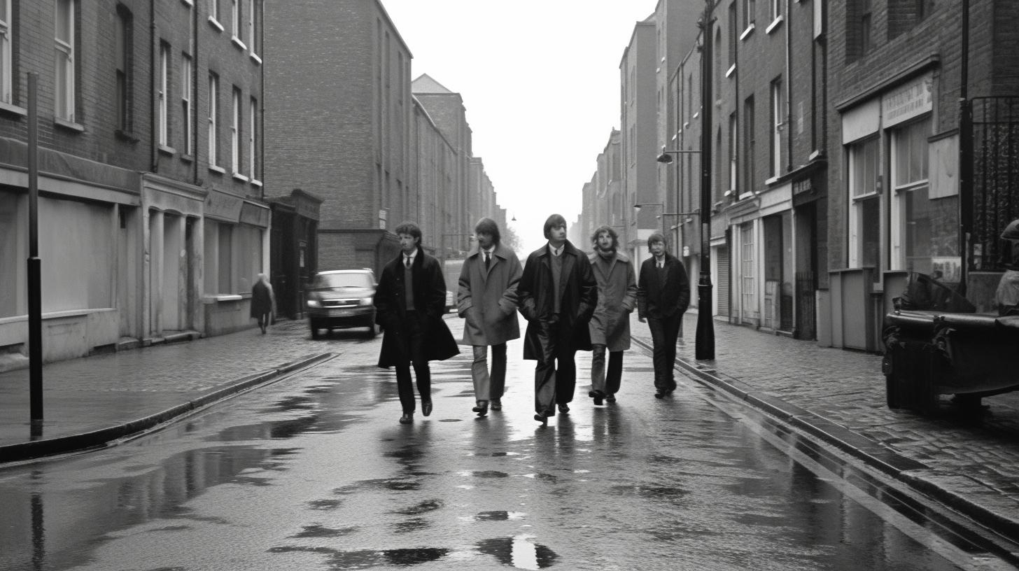 "Los Beatles caminando por una calle de la ciudad bajo una tormenta de lluvia, en un estilo anglocore de alta resolución."