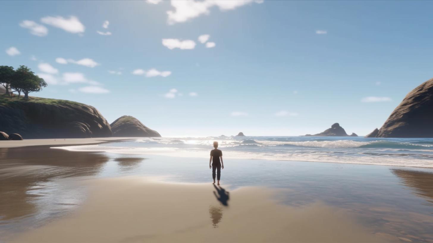 Una persona parada en una playa arenosa con montañas de fondo, en un estilo animado y sereno, con tonos de bronce claro y negro, evocando una sensación de asombro y belleza.