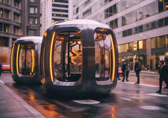 Un coche futurista en una calle de la ciudad, rodeado de estructuras flotantes, con tonos de negro suave y ámbar claro, evocando conexiones humanas y un ambiente de cabina, en el estilo innovador del artista Marcin Sobas.