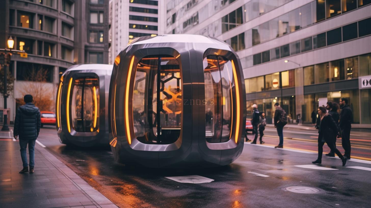 Un coche futurista en una calle de la ciudad, rodeado de estructuras flotantes, con tonos de negro suave y ámbar claro, evocando conexiones humanas y un ambiente de cabina, en el estilo innovador del artista Marcin Sobas.
