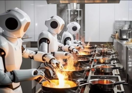 "Cuatro robots preparando la cena en una cocina, con un estilo neo-académico, en tonos plateados y ámbar, creando una atmósfera rica e inmersiva."