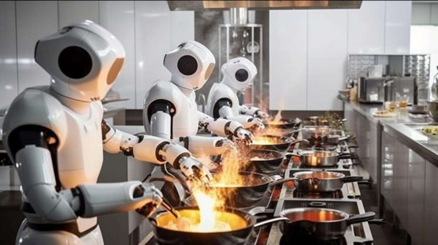 "Cuatro robots preparando la cena en una cocina, con un estilo neo-académico, en tonos plateados y ámbar, creando una atmósfera rica e inmersiva."