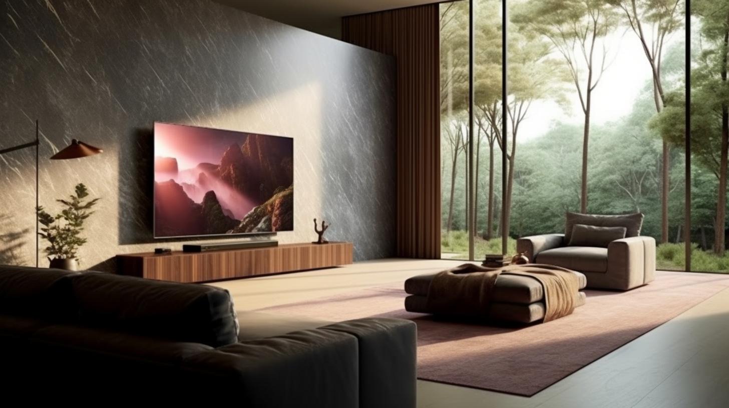 "Una sala de estar alegre y llena de vida, con un televisor, decorada en tonos de amarillo y carmesí claro, que celebra la belleza de la naturaleza."