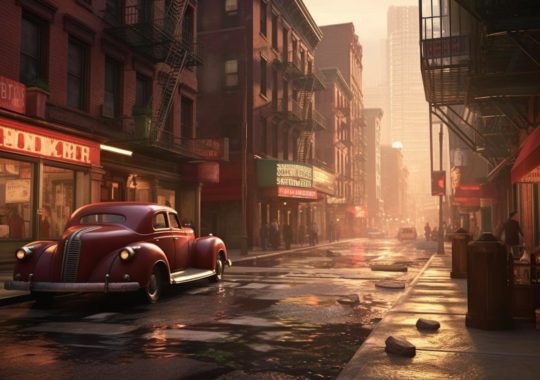 "Escena de calle vintage inspirada en Disney, con elementos de la ciudad de Nueva York de los años 40 y 50, en tonos de carmesí claro y ámbar, con agua hiperrealista, al estilo narrativo visual de Ed Freeman y Dmitri Danish."