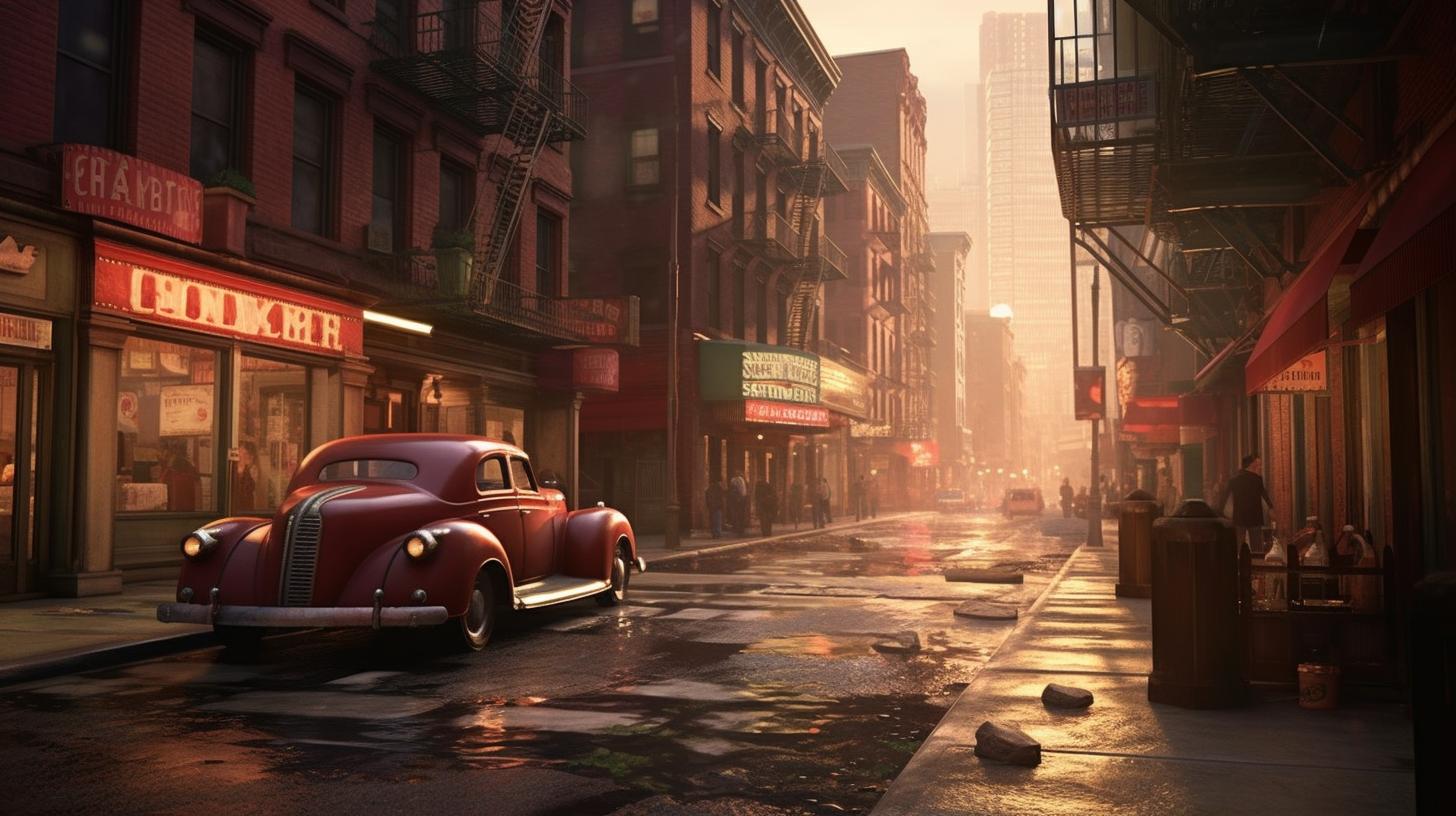 "Escena de calle vintage inspirada en Disney, con elementos de la ciudad de Nueva York de los años 40 y 50, en tonos de carmesí claro y ámbar, con agua hiperrealista, al estilo narrativo visual de Ed Freeman y Dmitri Danish."