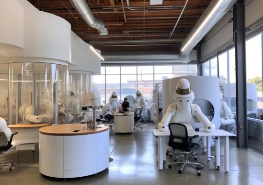 "Interior de un laboratorio blanco con mesas de computadoras y sillas de escritorio, habitado por criaturas imaginarias y robots en un estilo precisionista."