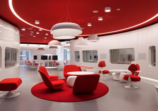 Una oficina futurista y glamorosa con sillas rojas y blancas, iluminación emotiva y superficies táctiles audazmente texturizadas, evocando la estética hallyu.