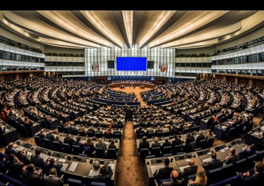 "Imagen panorámica de la cámara del Parlamento Europeo con un cielo azul de fondo, capturada en un estilo festivo y rústico futurista, evocando una atmósfera de movimiento borroso."