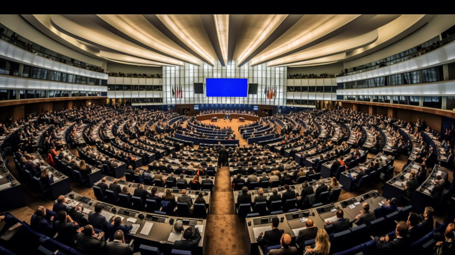 "Imagen panorámica de la cámara del Parlamento Europeo con un cielo azul de fondo, capturada en un estilo festivo y rústico futurista, evocando una atmósfera de movimiento borroso."