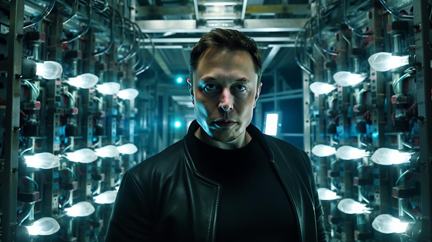 "Retrato épico de Elon Musk en una fábrica eléctrica iluminada, con un ambiente de ciencia ficción noir y detalles en cuero, al estilo de una fotografía de National Geographic."